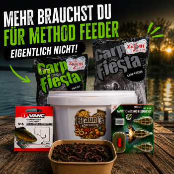 Preview: Carp Fiesta Method Feeder Komplettset – 4kg Grundfutter, Method Feederkorb Set, Dendrobena Würmer, Feederhaken & 10L Eimer